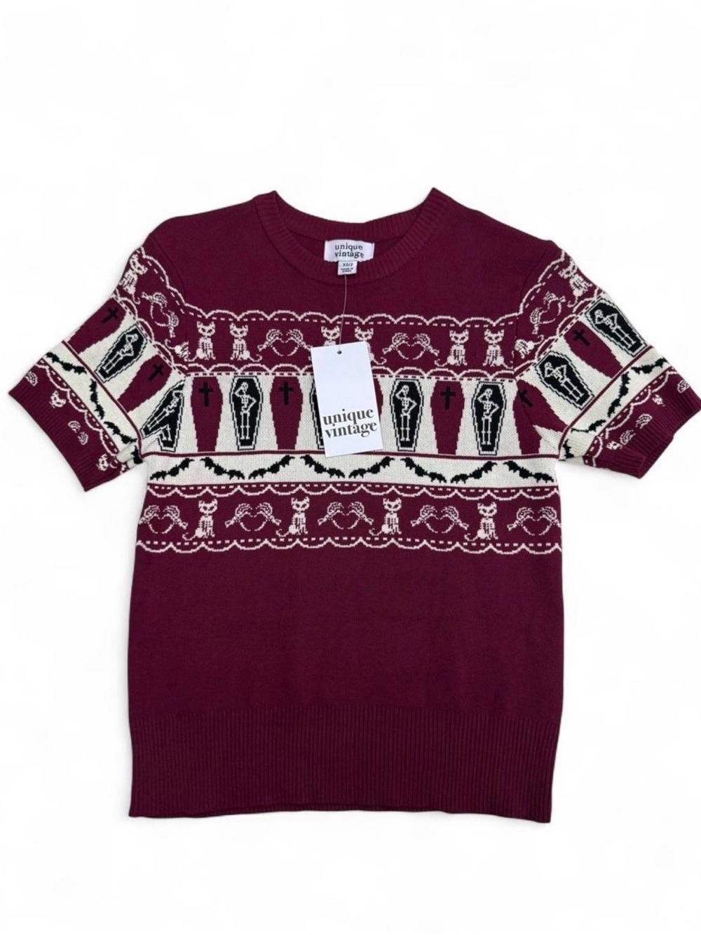 NWT Unique Vintage Women's Burgundy Coffin Pattern Short-Sleeve Sweater Sz XS